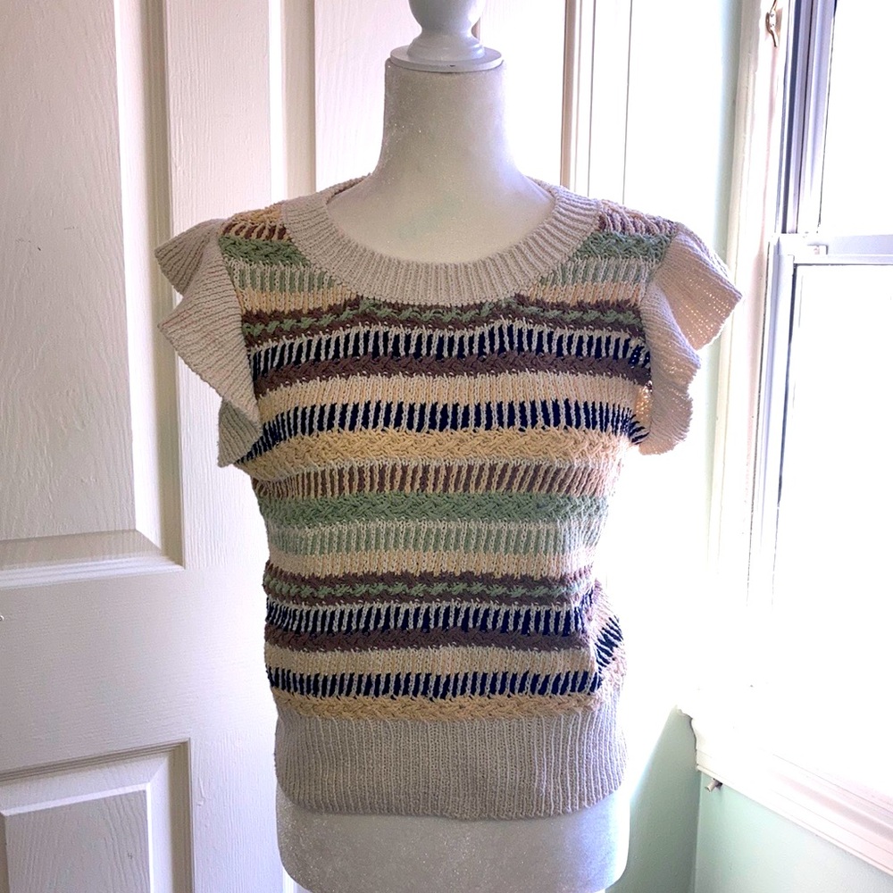 Striped Knit Sweater Vest with Ruffle Sleeves